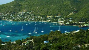 A coastal town with numerous sailboats docked in a bay, surrounded by lush green hills. - Spring Hotel Bequia (Bequia Island)