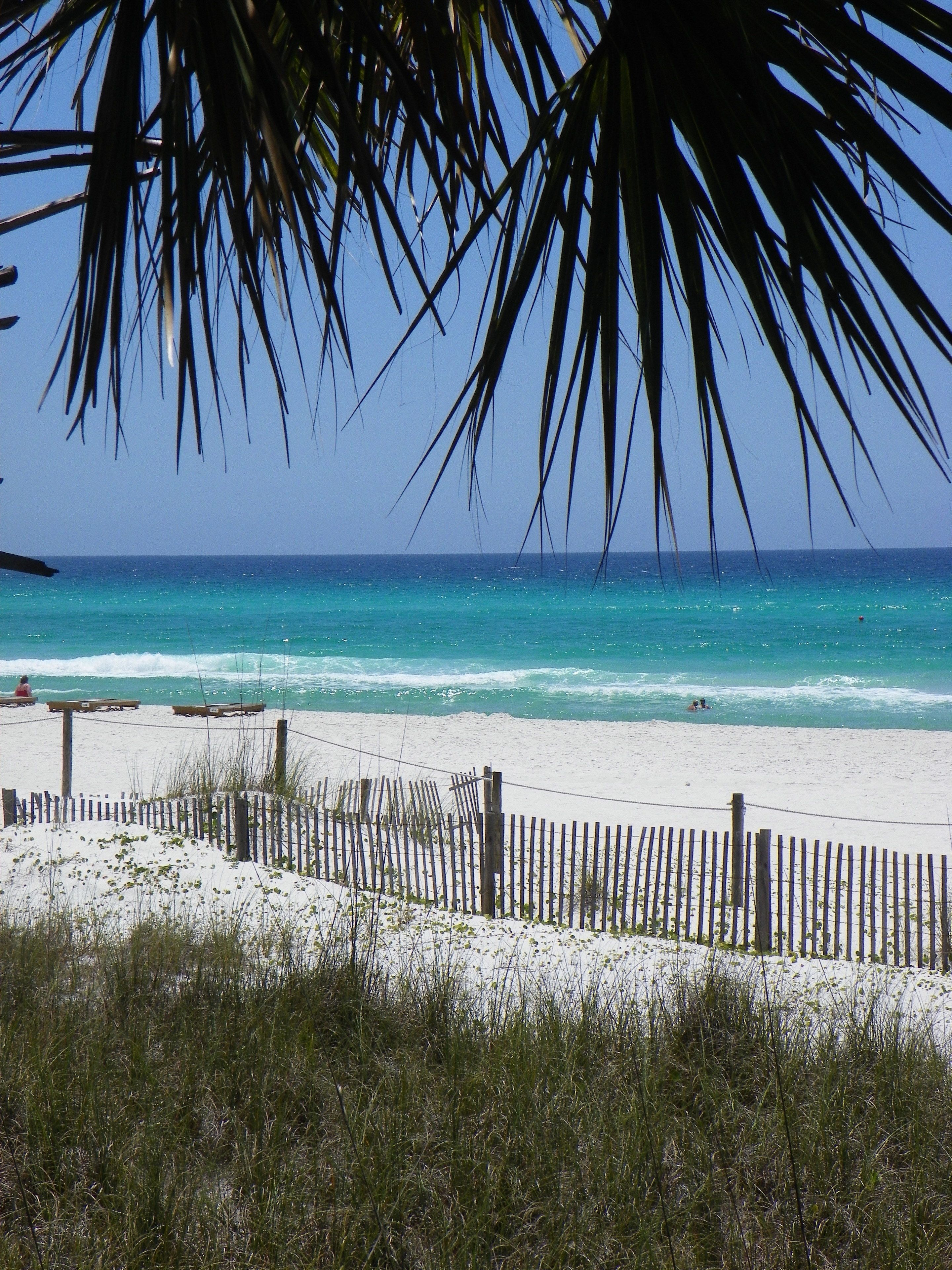 A beach with a wooden fence, clear turquoise water, and a clear sky.