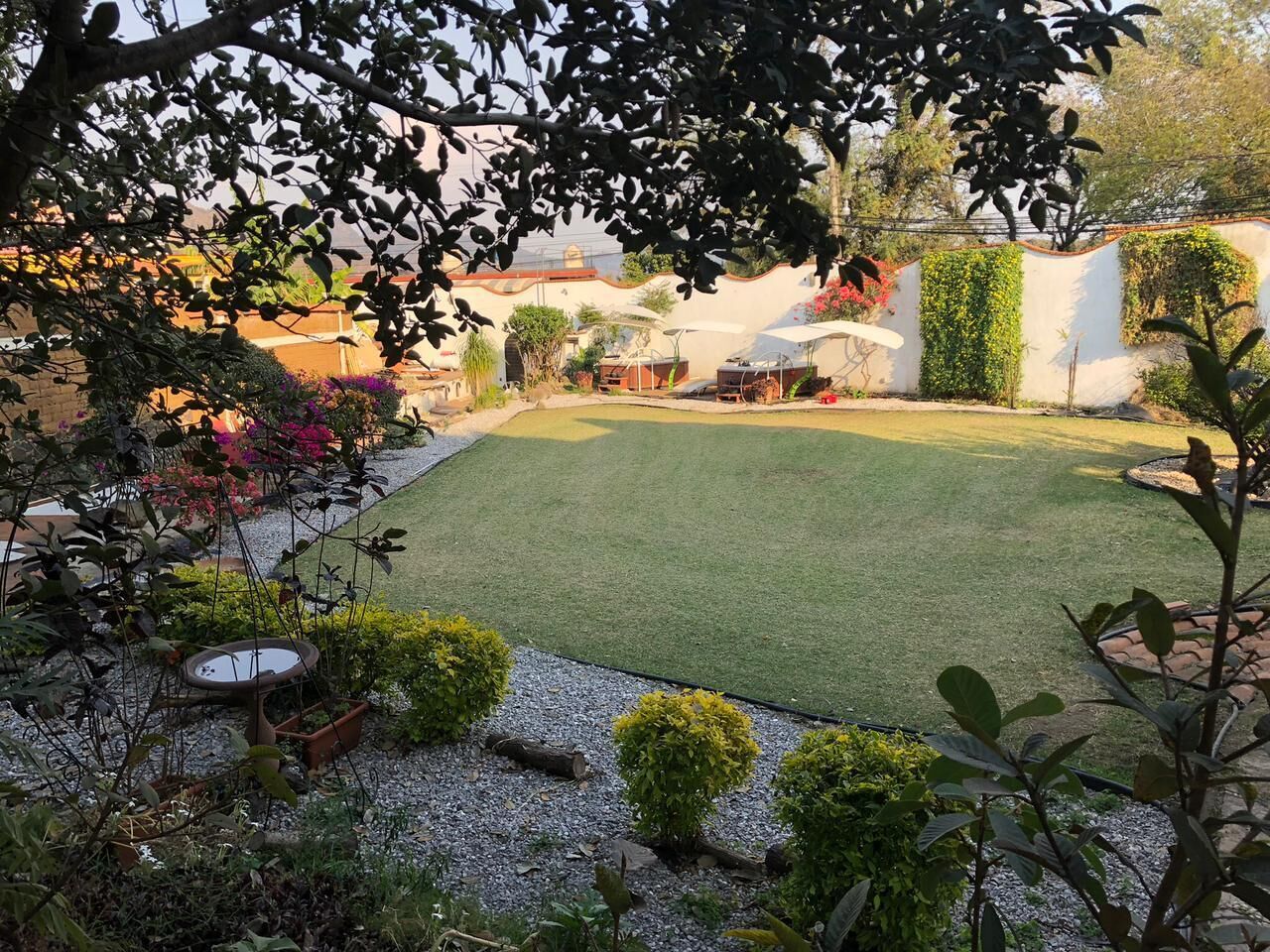 A well-maintained garden with a lawn, various plants, and outdoor furniture.