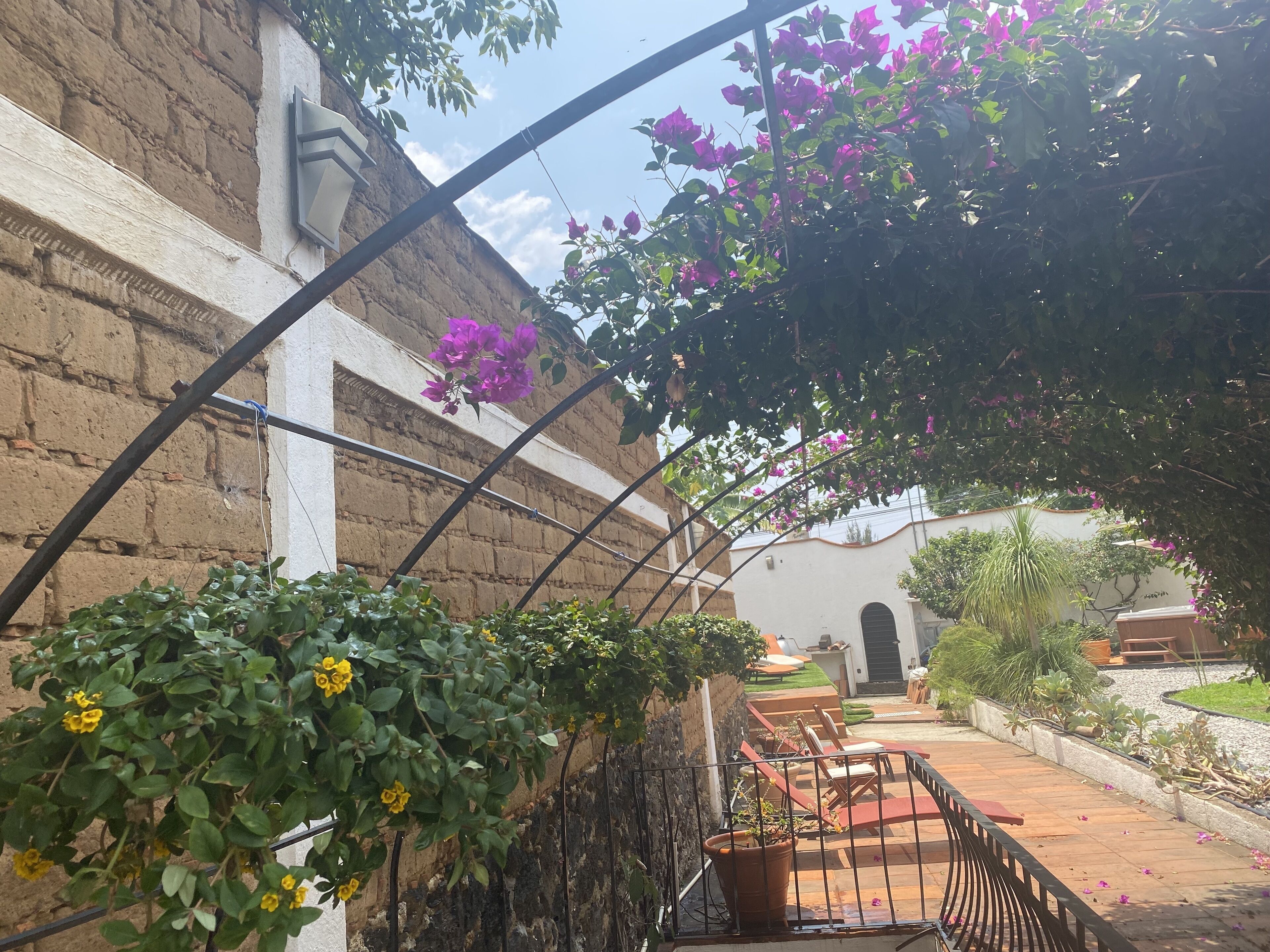 A courtyard with a brick wall, a pergola with flowers, and a seating area with chairs and a table.