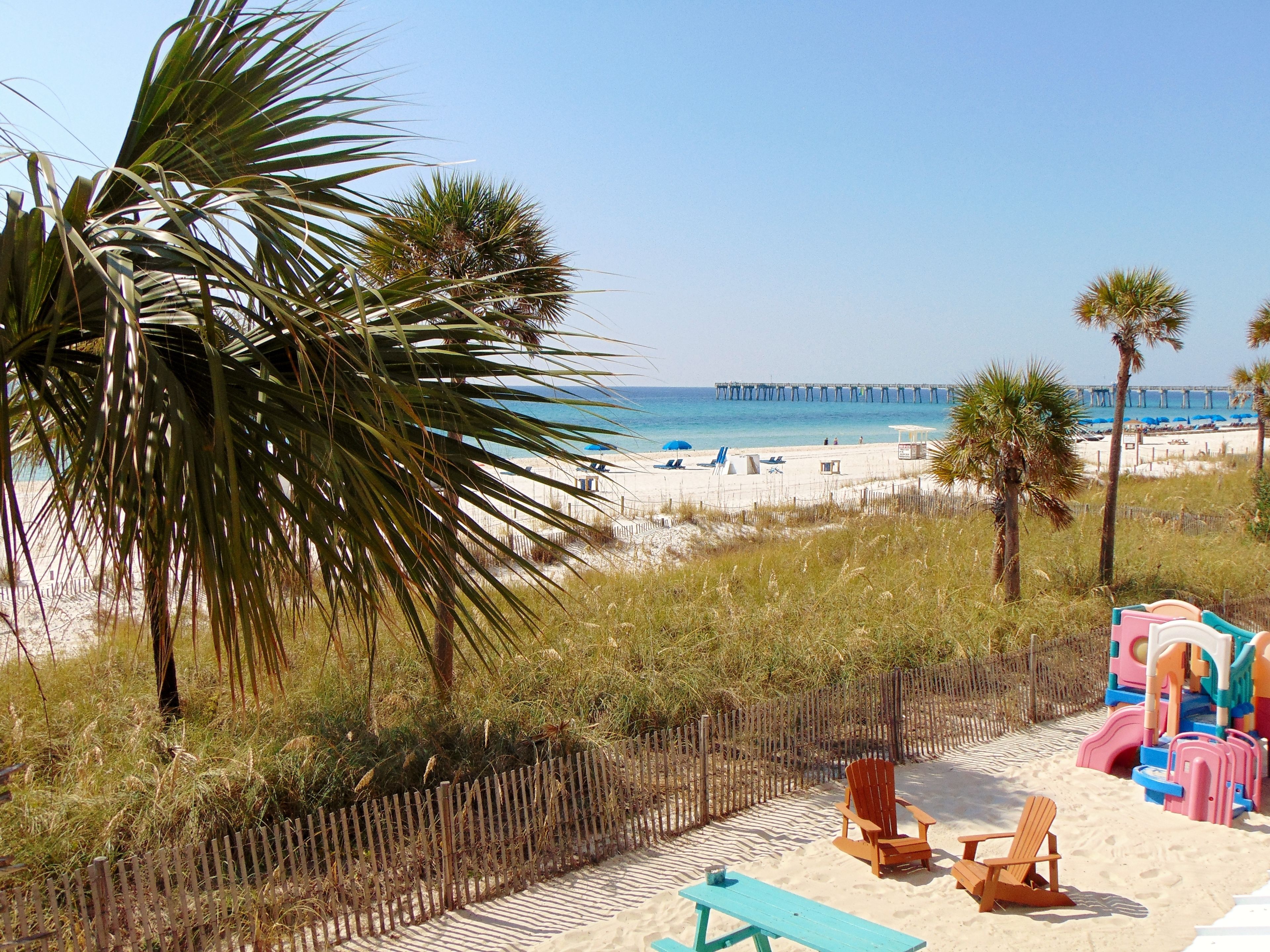 Ein Strand mit Holzlattenzaun, Palmen und Liegestühlen.
