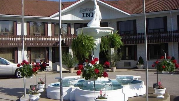 Un hotel con una fuente central, rodeado de plantas y flores en macetas.