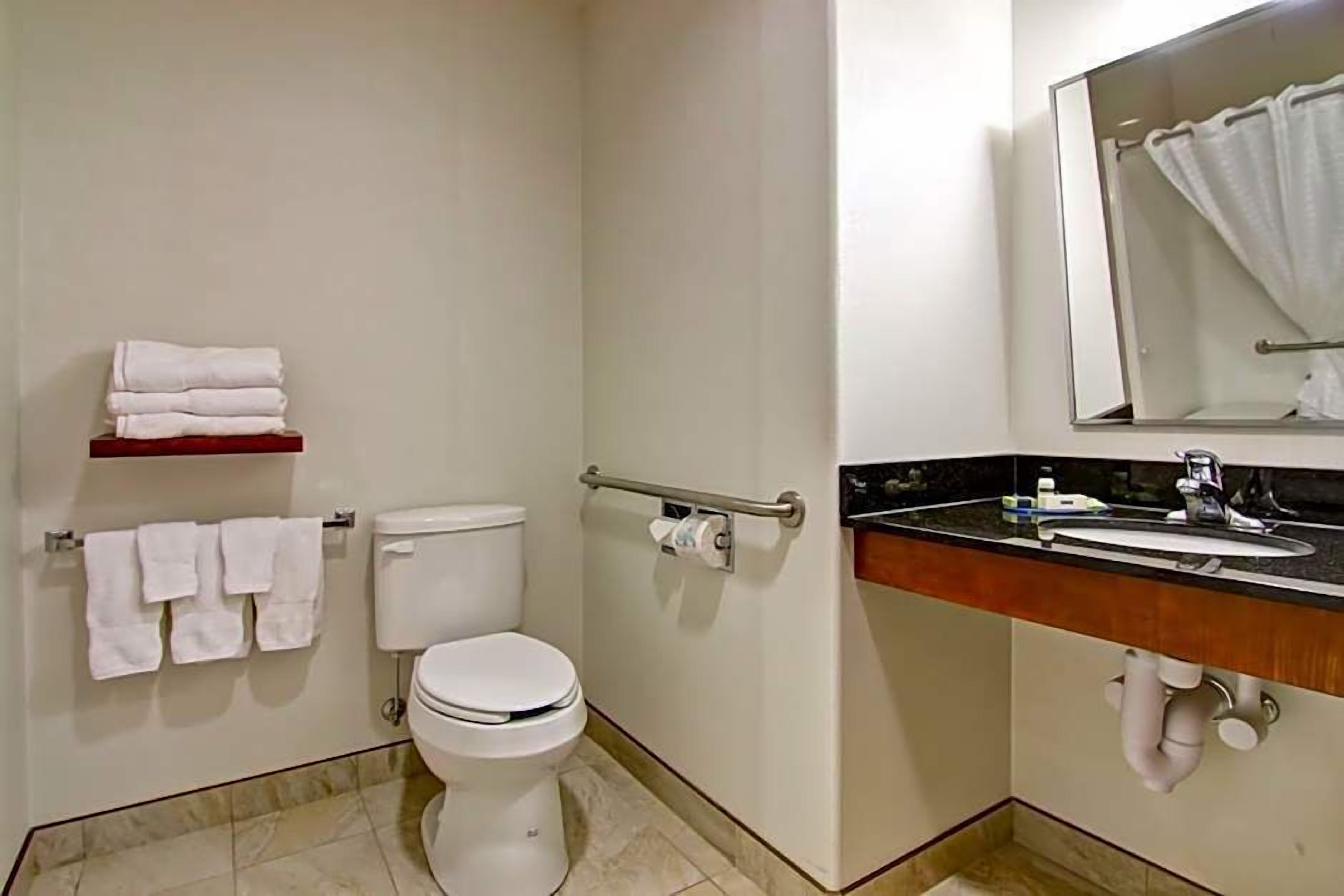 A bathroom with a toilet, a sink, a mirror, and a towel rack.