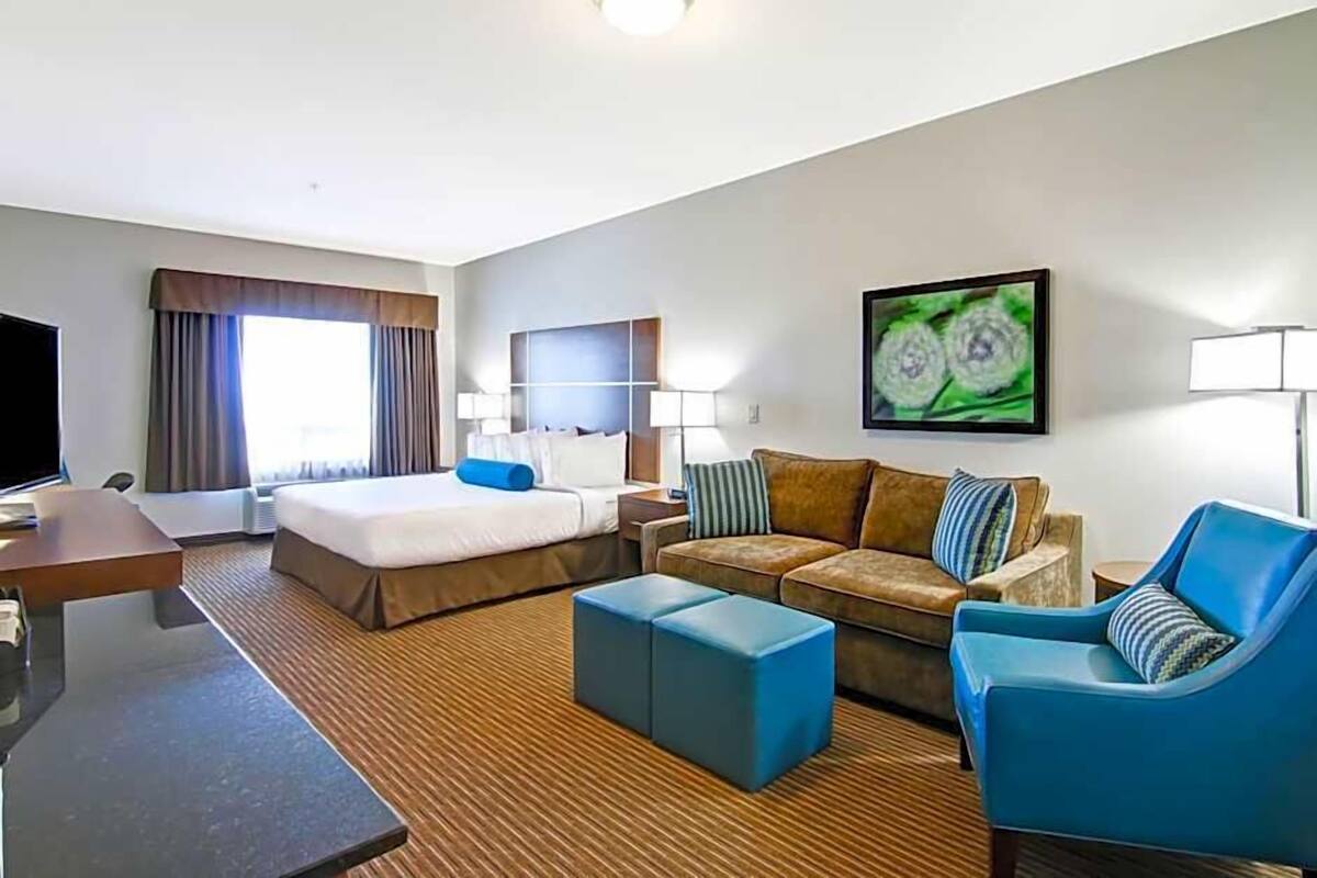 Una habitación de hotel con cama, sofá, sillón, escritorio y televisión.