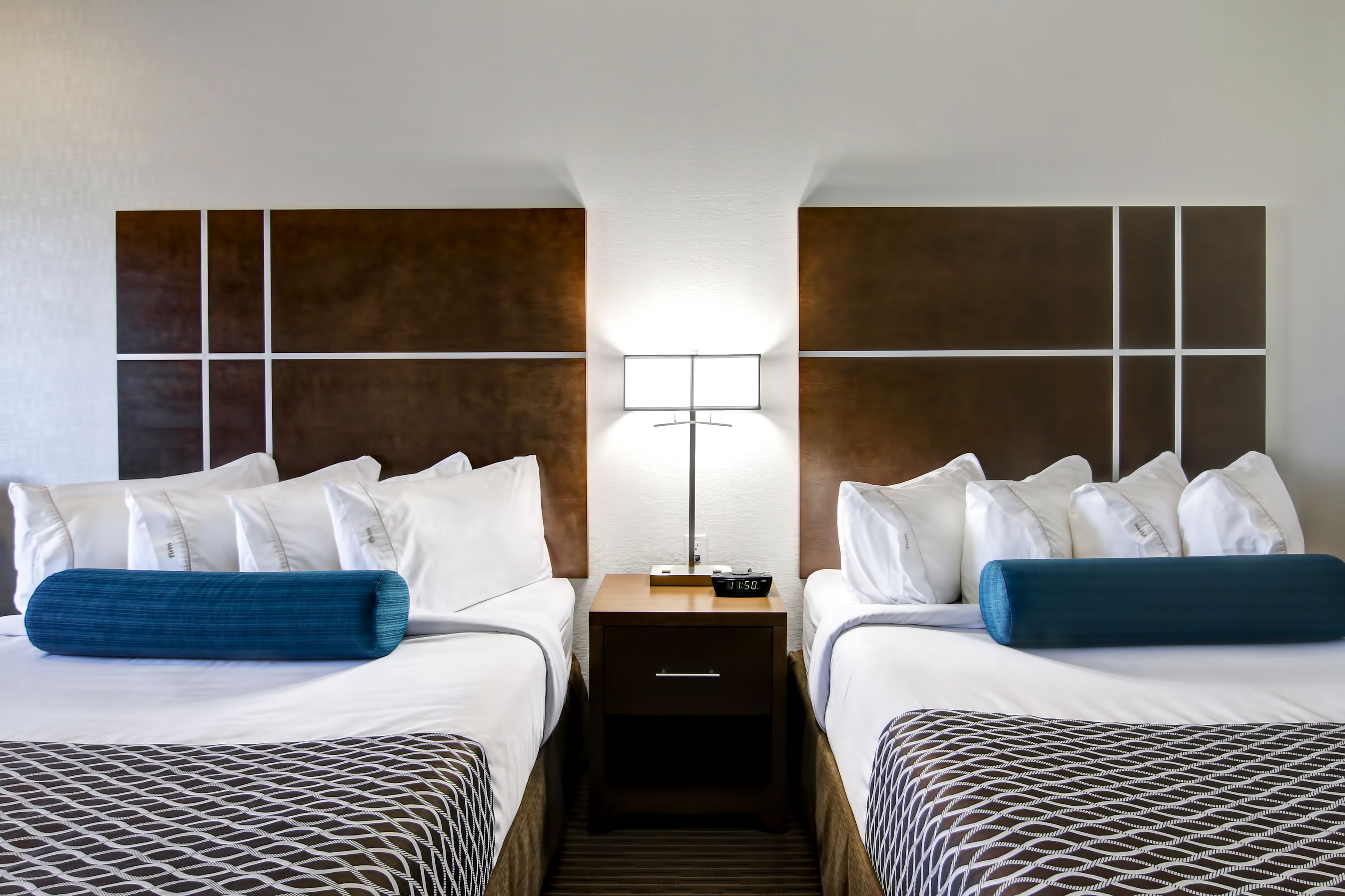 desk, laptop workspace, blackout curtains, iron/ironing board