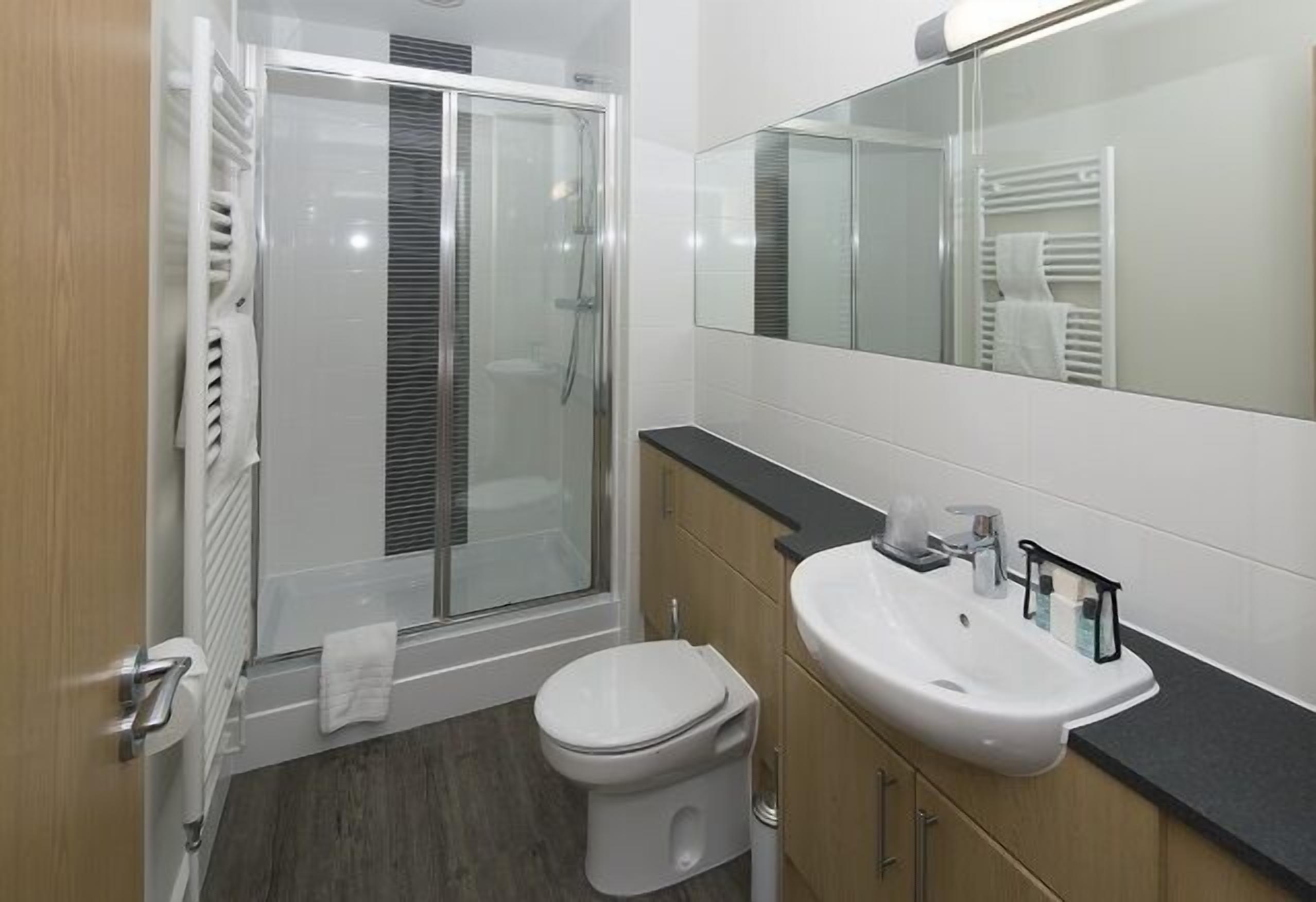 A bathroom with a glass shower enclosure, a toilet, a sink with a mirror above it, and a towel rack.