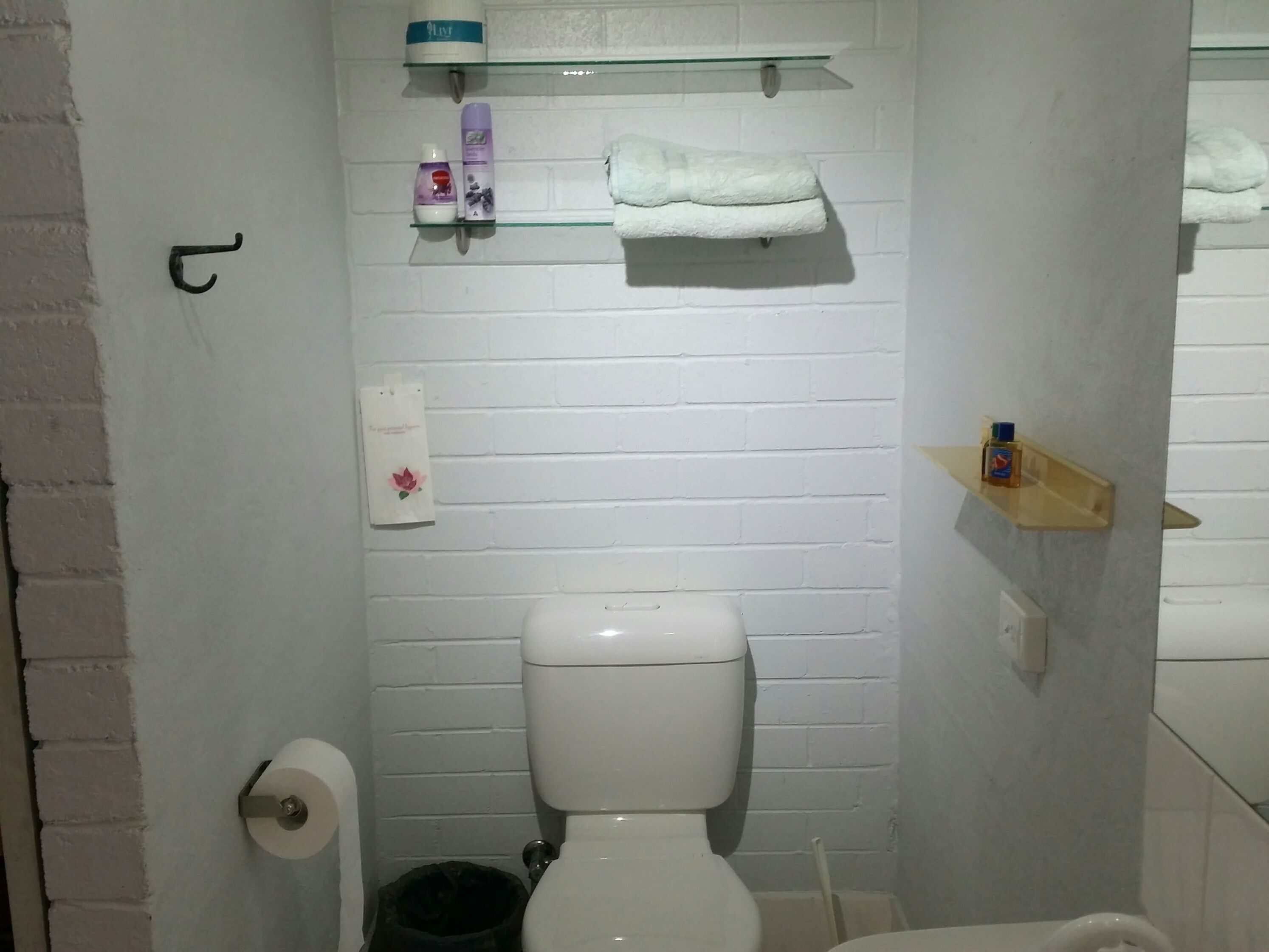A bathroom with a toilet, a glass shelf with toiletries, a trash bin, and a towel hanging on the wall.