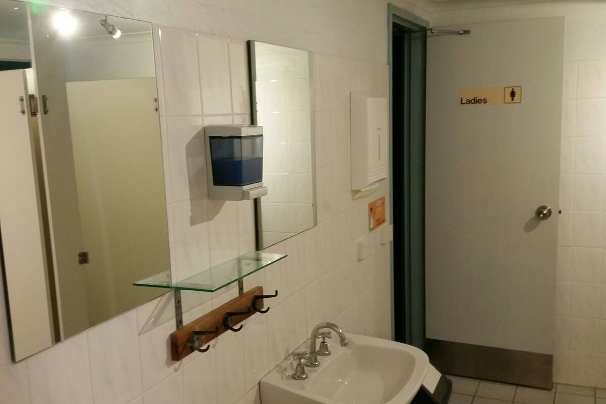 A bathroom with a white sink, a glass shelf, a mirror, and a sign indicating the ladies' room.