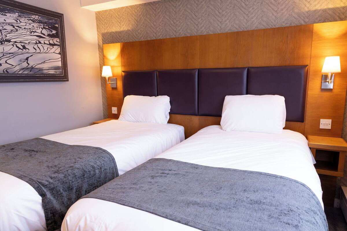 Habitación de hotel con dos camas, cabecera de madera, lámparas de noche y un cuadro en la pared.