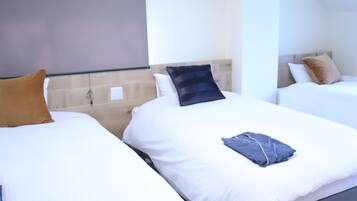A hotel room with two single beds, each with a pillow and a blanket.