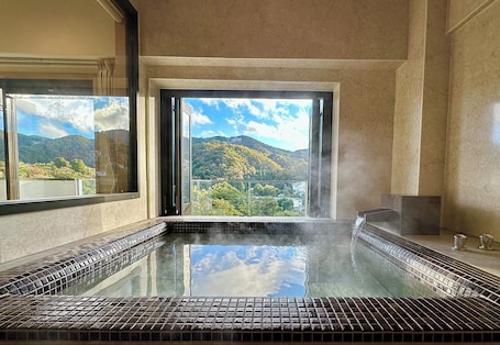 Separate tub and shower, free toiletries, hair dryer, slippers
