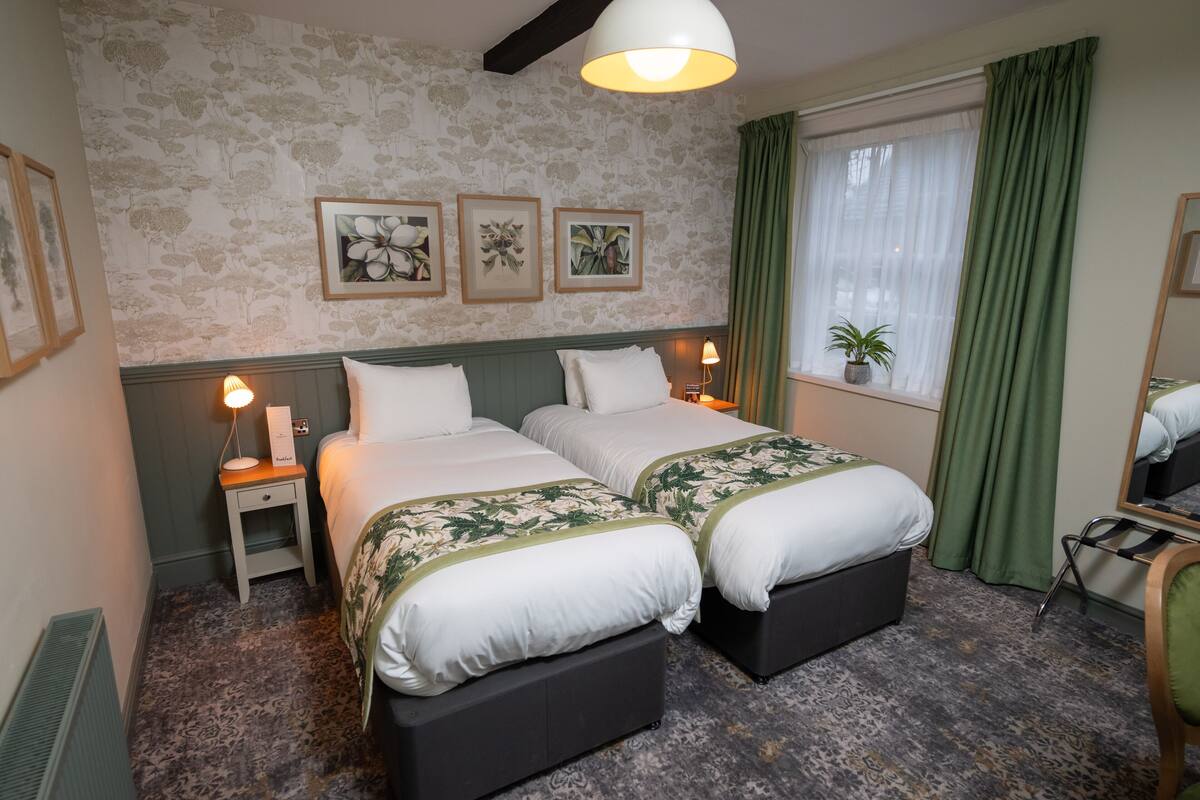 A hotel room with two beds, a small bedside table with a lamp, a window with green curtains, and a potted plant on the windowsill.