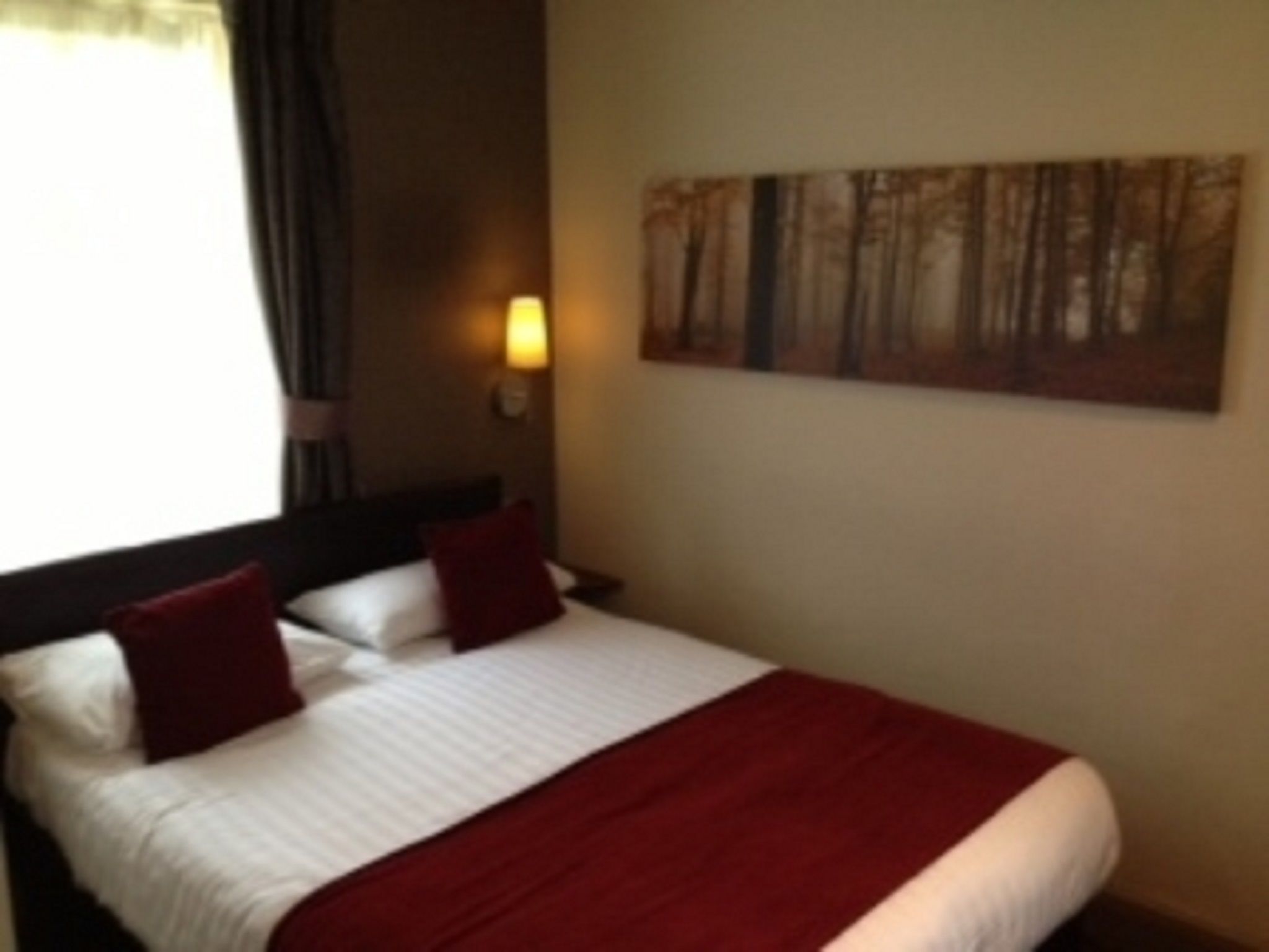 A hotel room with a bed, a nightstand, a wall-mounted lamp, and a painting.