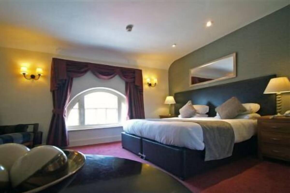 A hotel room with a large bed, bedside lamps, a mirror, and a view of the outdoors.