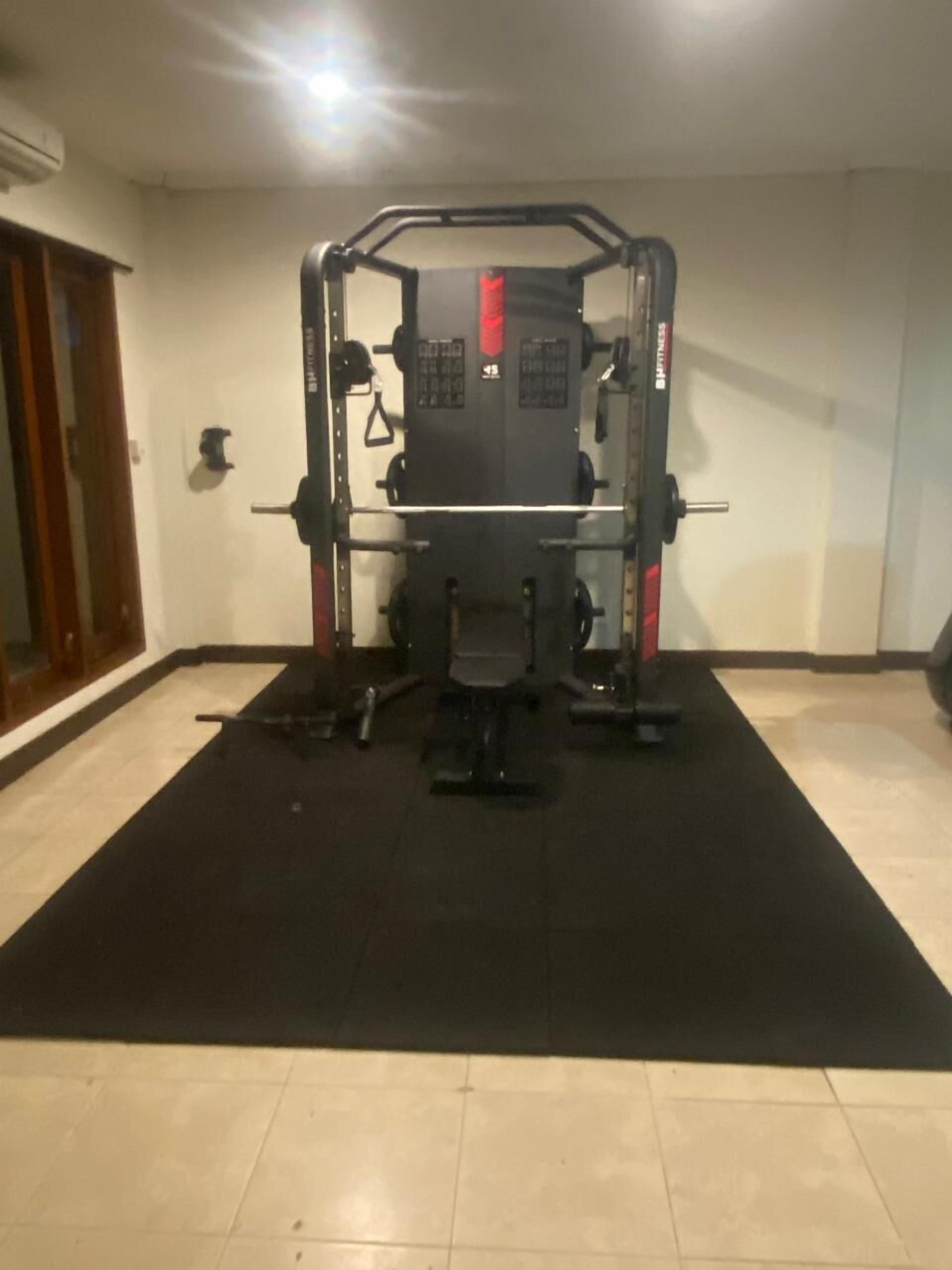 A gym with a squat rack, benches, and weight plates.