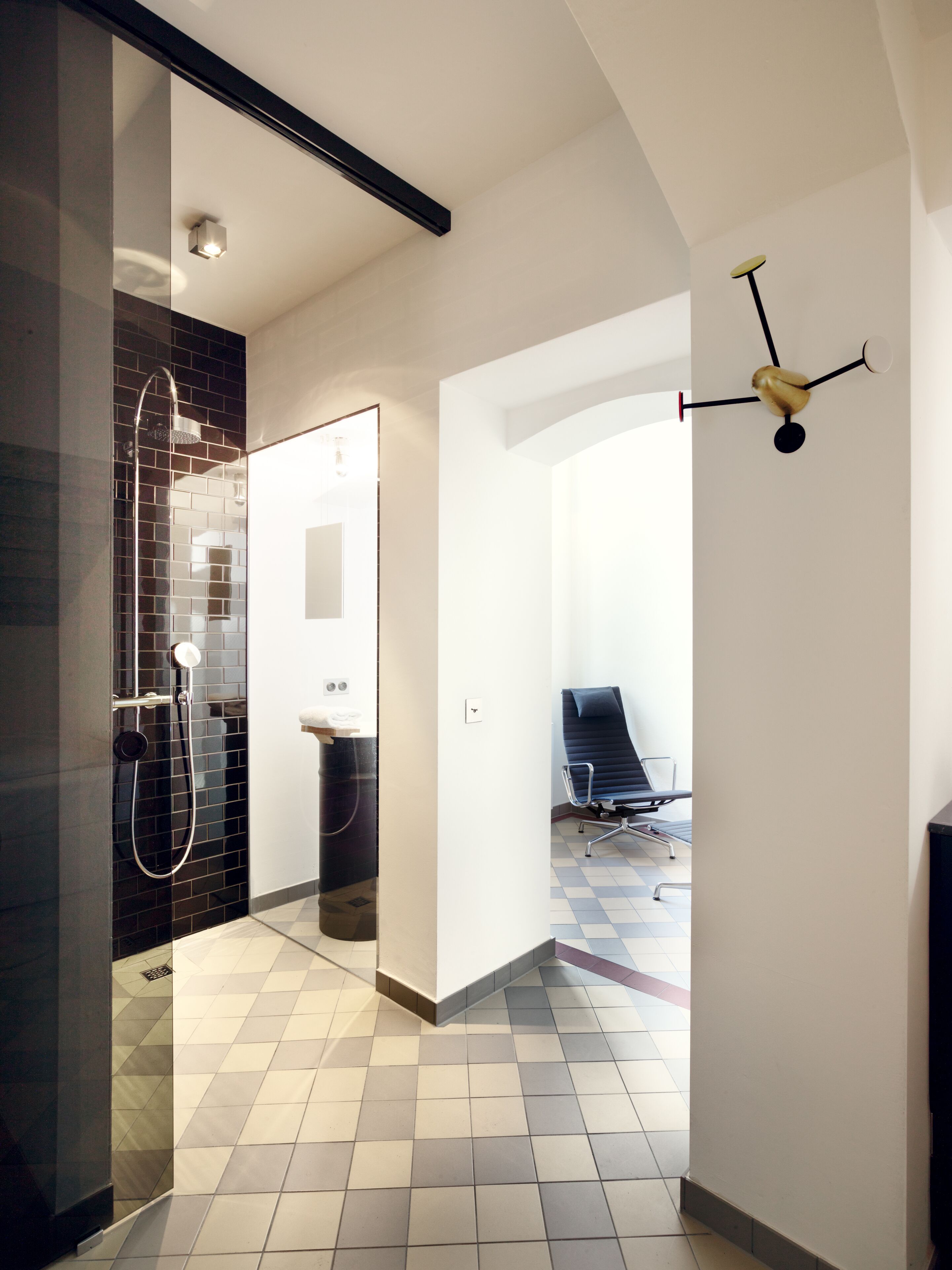 medium | bathroom | rainfall showerhead, eco-friendly toiletries, hair dryer, slippers