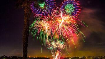 Escena nocturna con fuegos artificiales.