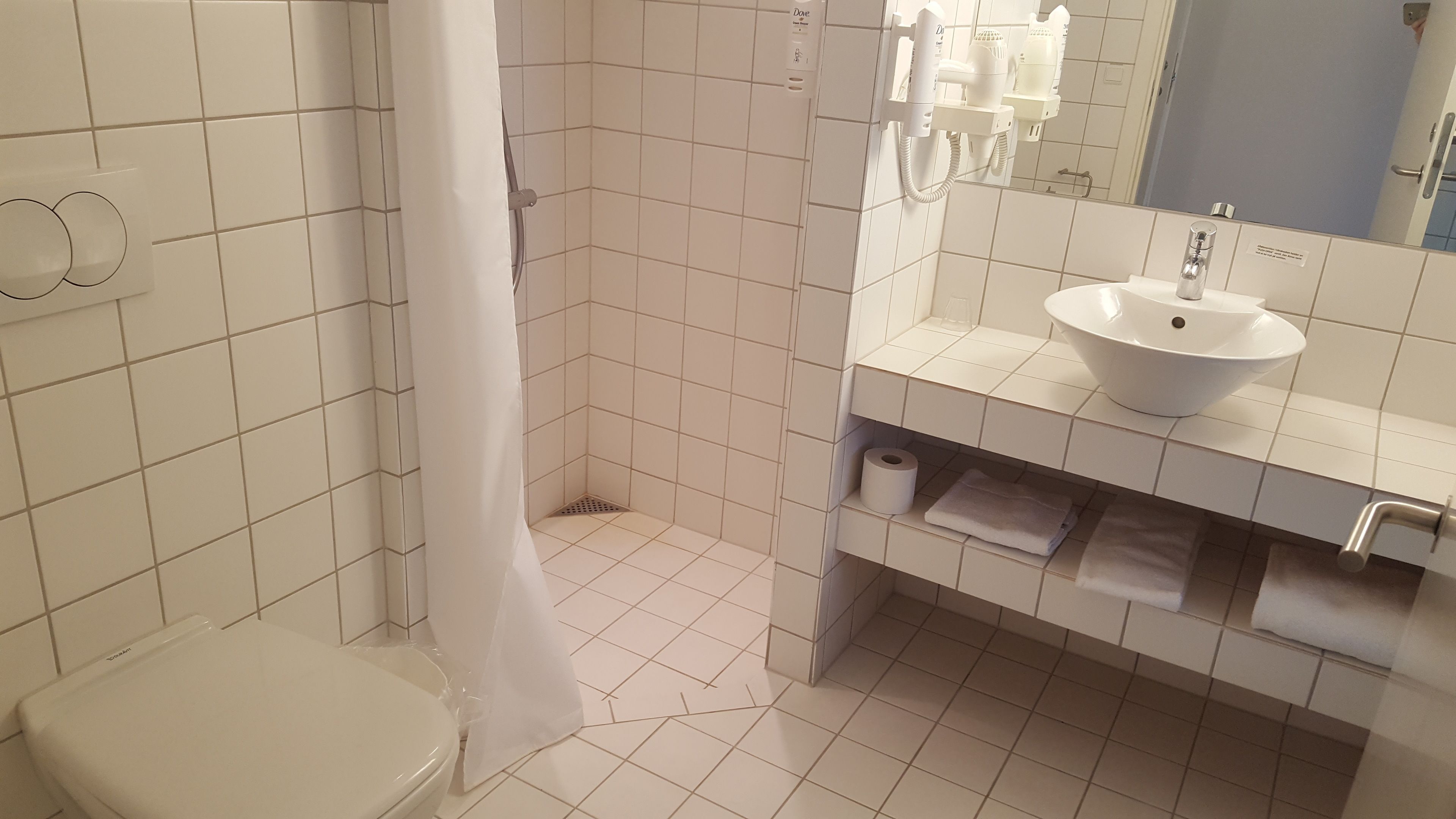 A bathroom with a toilet, a sink, and a shower area.