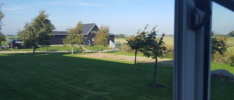 A view of a grassy area with a building in the background, a parked van, and a few trees.