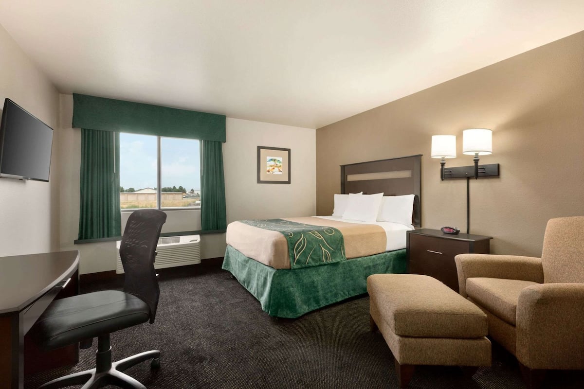 Une chambre d’hôtel équipée d’un lit, d’un bureau, d’une chaise et d’un téléviseur.