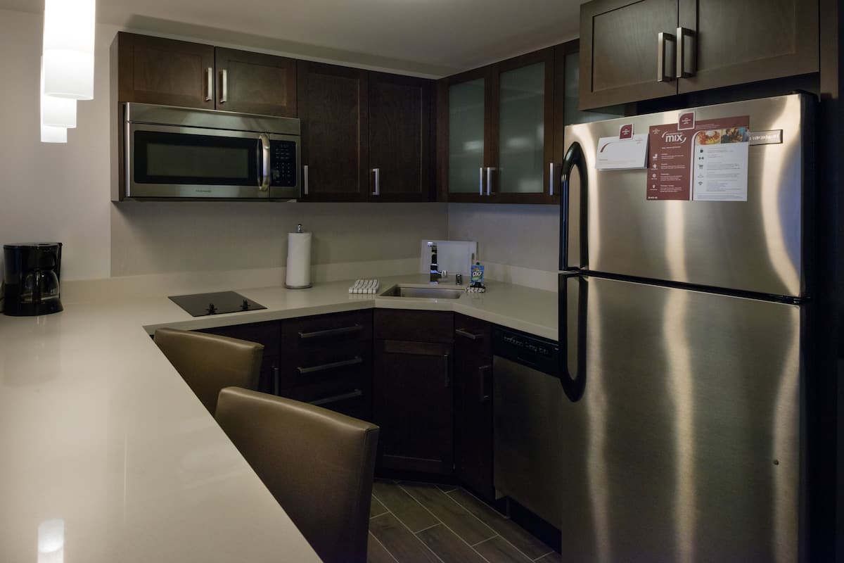 Full-sized fridge, microwave, stovetop, dishwasher