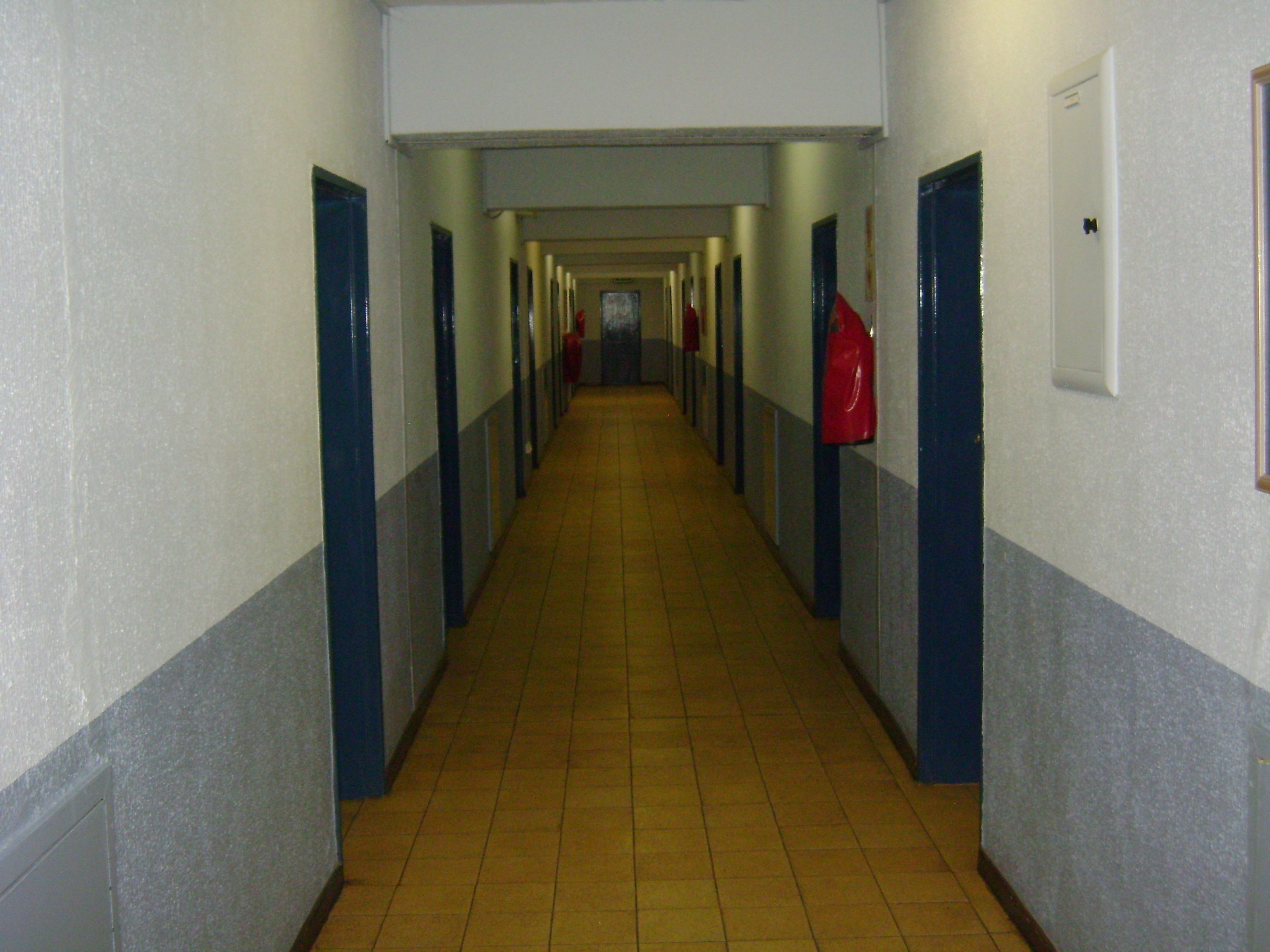 Un pasillo largo y estrecho con puertas a ambos lados, que conduce a una habitación al final.