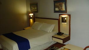 Una habitación de hotel con una cama, mesitas de noche, una silla y un escritorio.