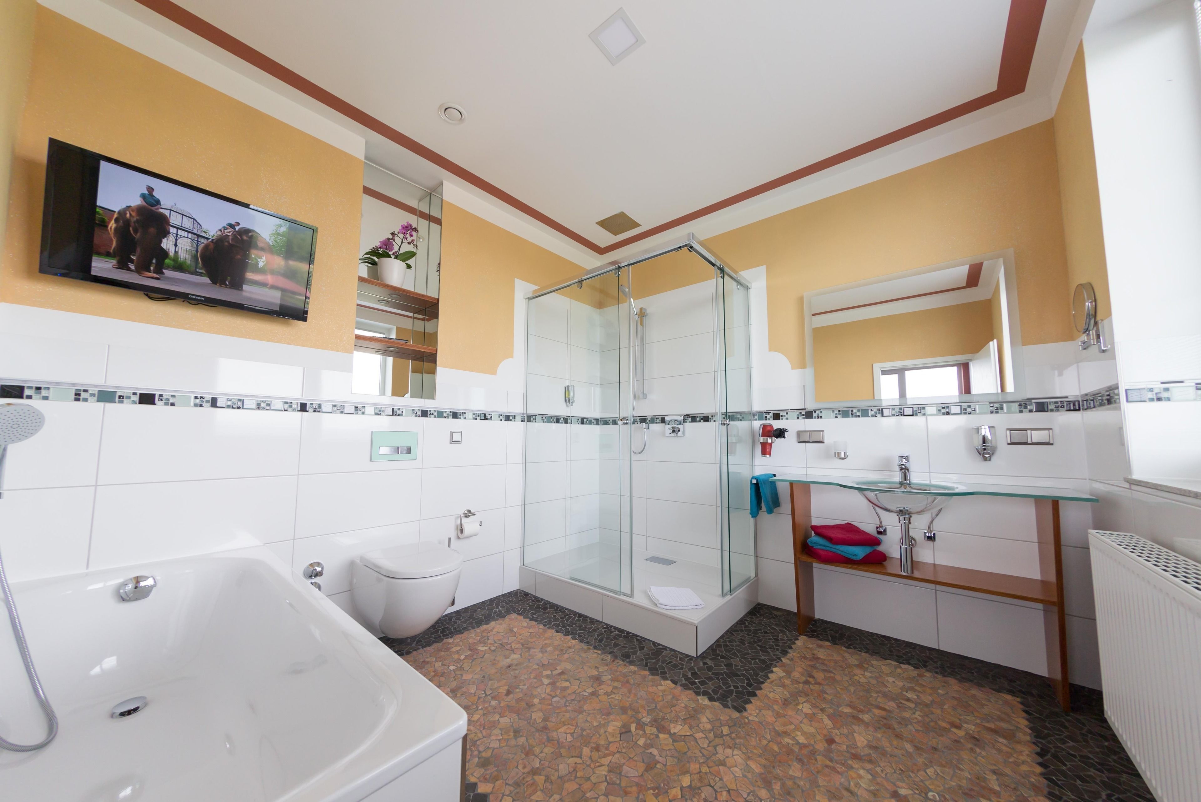 comfort double room (plus) | bathroom | shower, hair dryer, towels