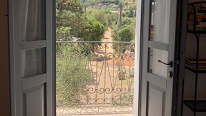 An open door leading to a balcony with a metal railing, a view of a vineyard, and a shelf with books. - La Casa delle Fate (Loiri Porto San Paolo)