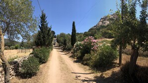 A rural dirt road flanked by trees and shrubs, leading to a stone house. - La Casa delle Fate (Loiri Porto San Paolo)