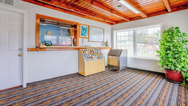 A reception area with a wooden ceiling, a reception desk, a large window, and a potted plant. - Budget Inn By OYO Natural Bridge I-81 (Natural Bridge)