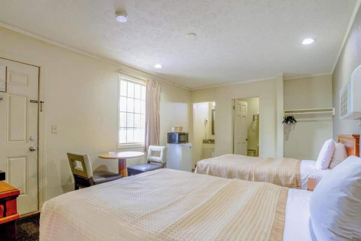 A hotel room with two beds, a small table, a chair, a microwave, and a mirror.