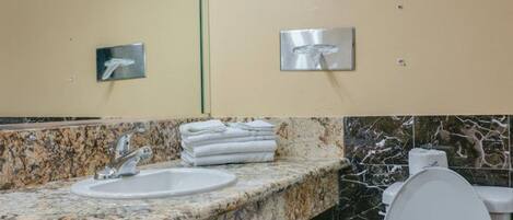 Une salle de bain avec un comptoir en granit, un lavabo et des toilettes.