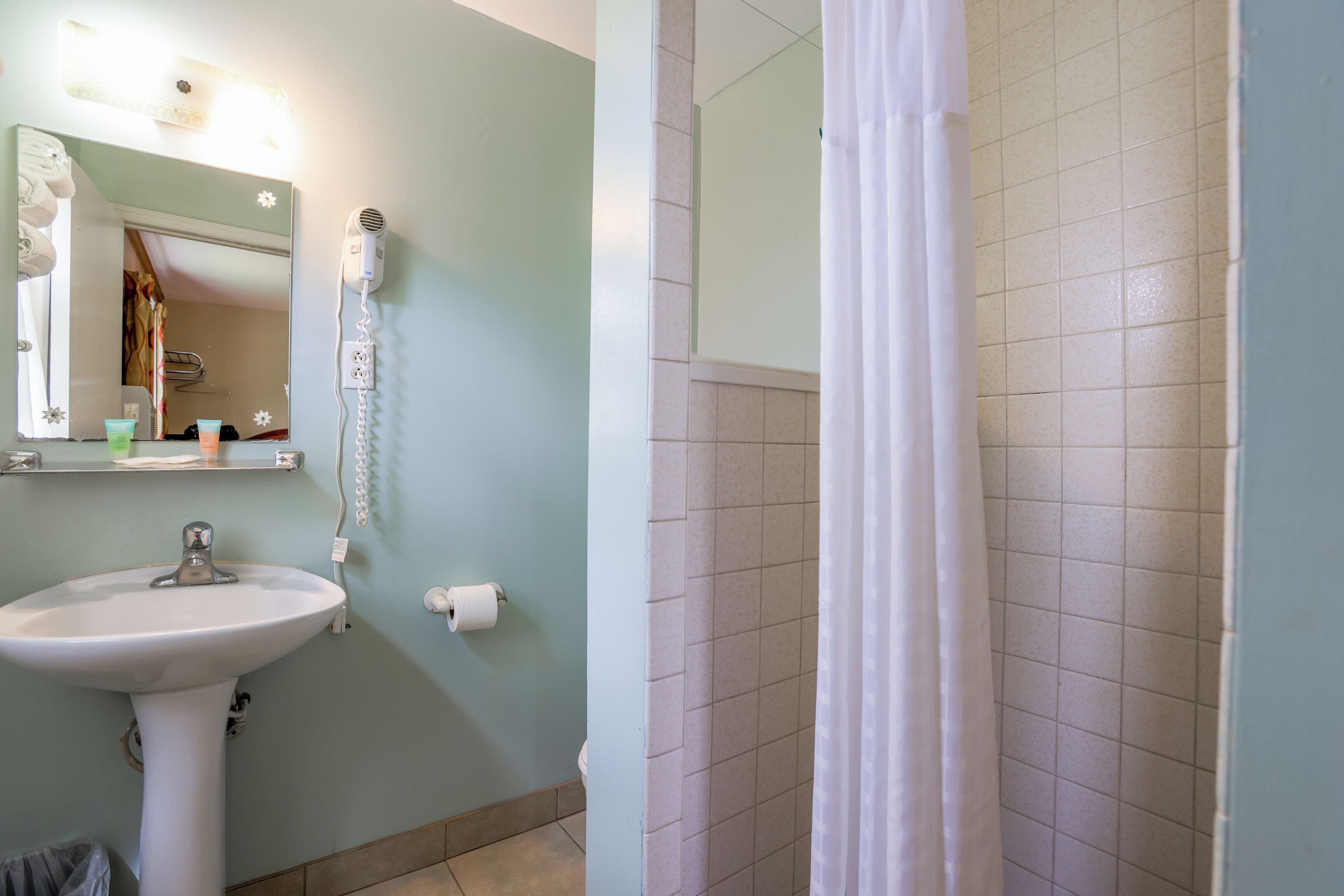 A bathroom with a sink, mirror, and hairdryer.