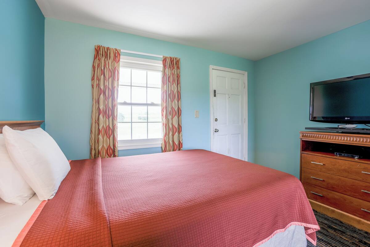 A bedroom with a bed, a television, a dresser, and a window with curtains.