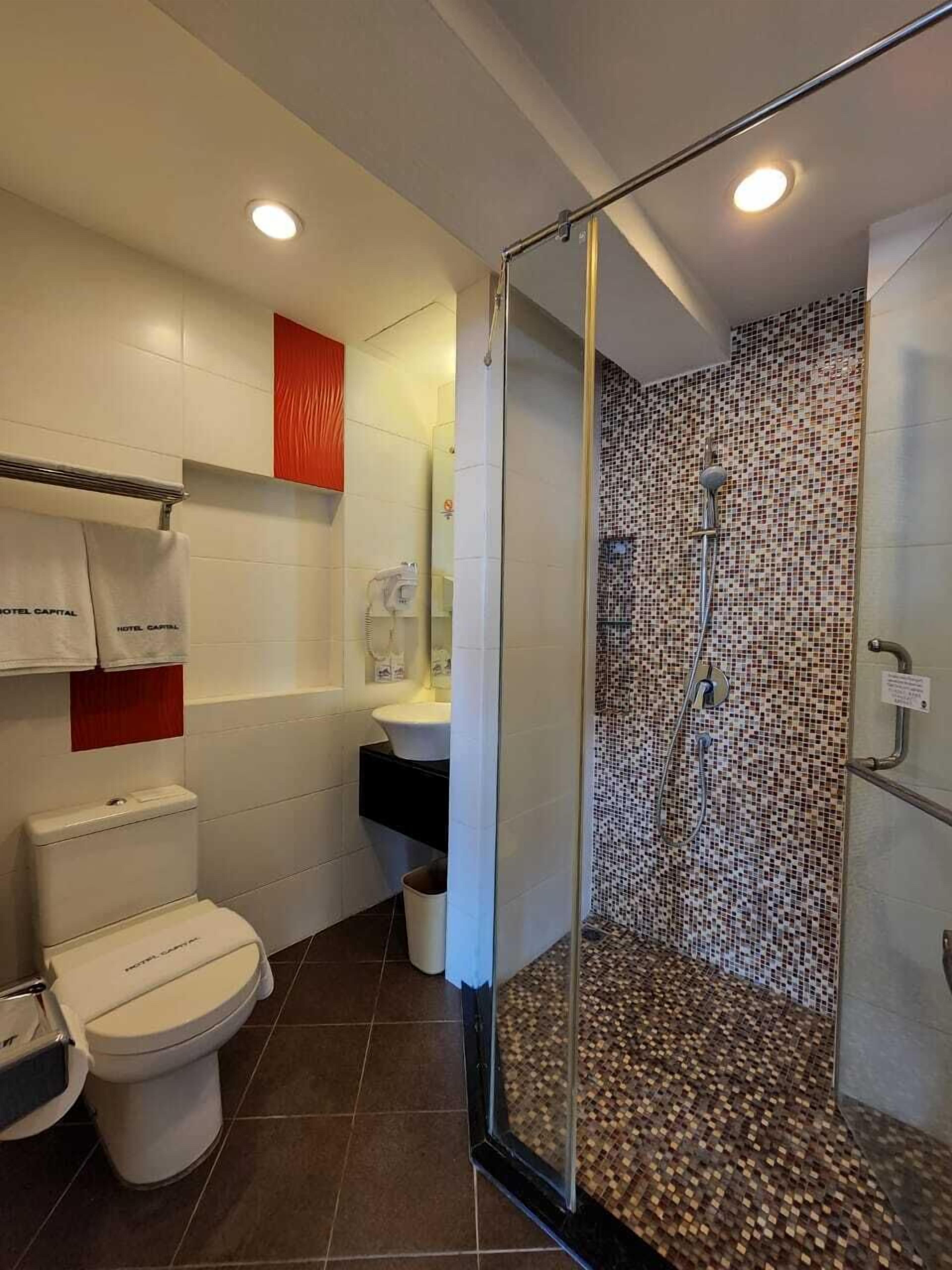 vip suite | bathroom | shower, hair dryer, slippers, towels