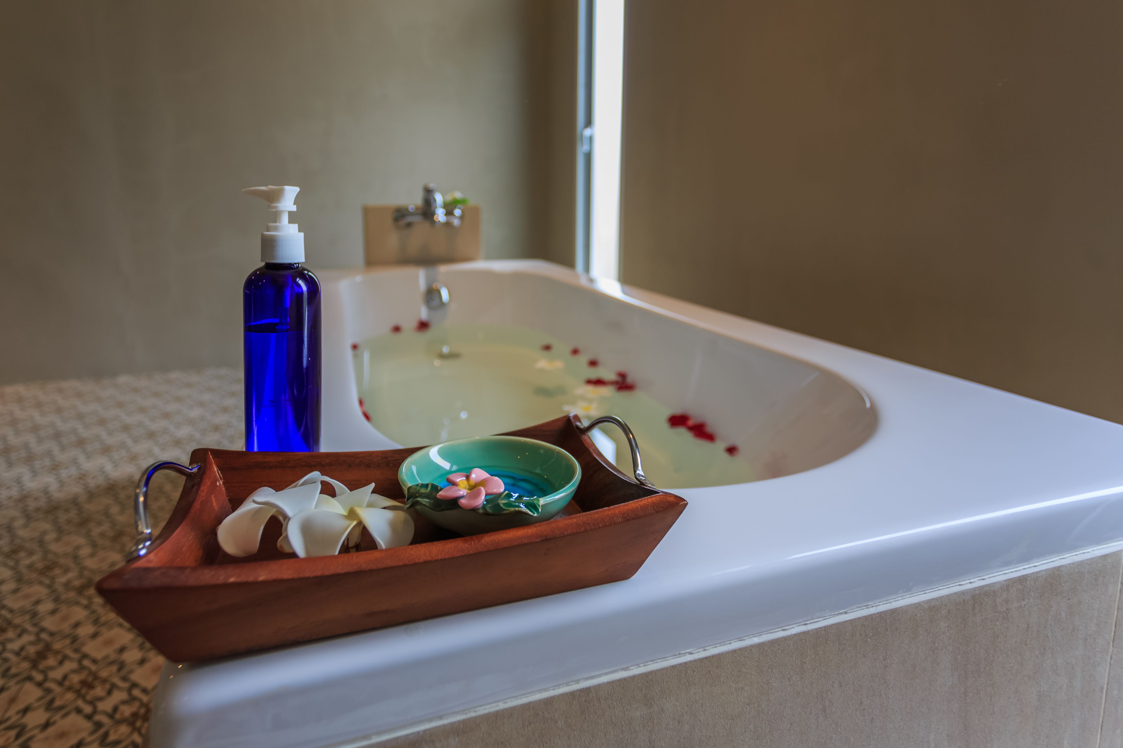 villa padding view | bathroom amenities | shower, free toiletries, hair dryer, bathrobes