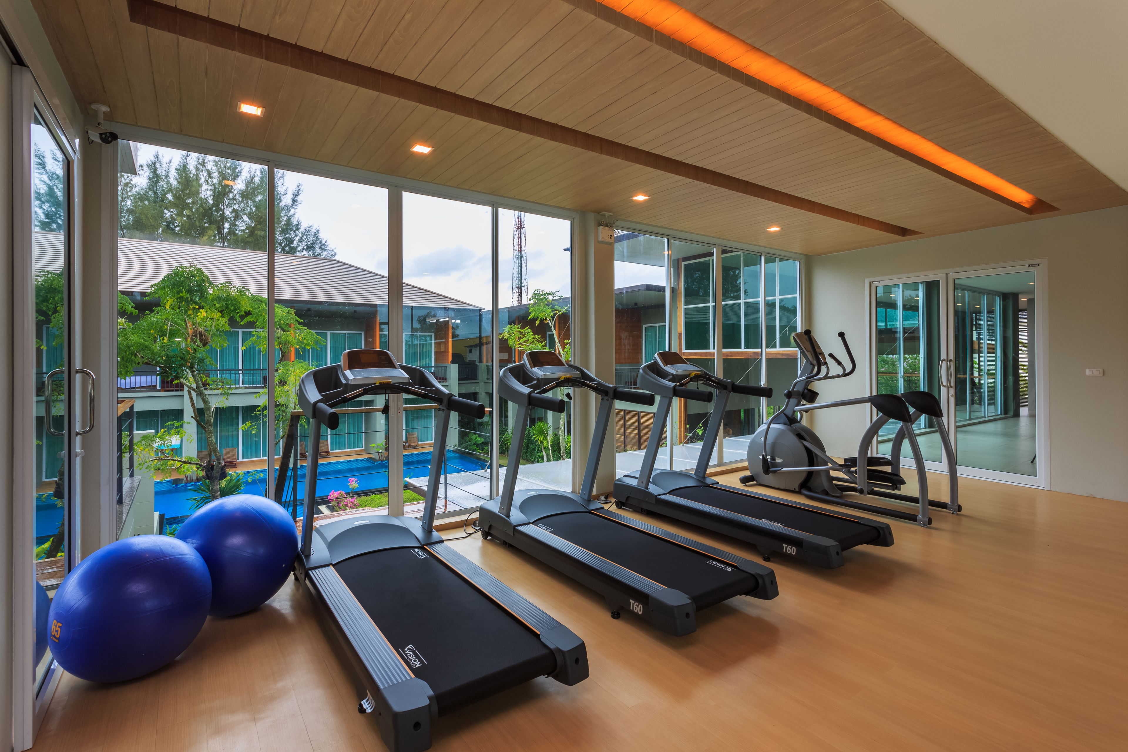 A gym with treadmills, exercise balls, and large windows overlooking a swimming pool and greenery.