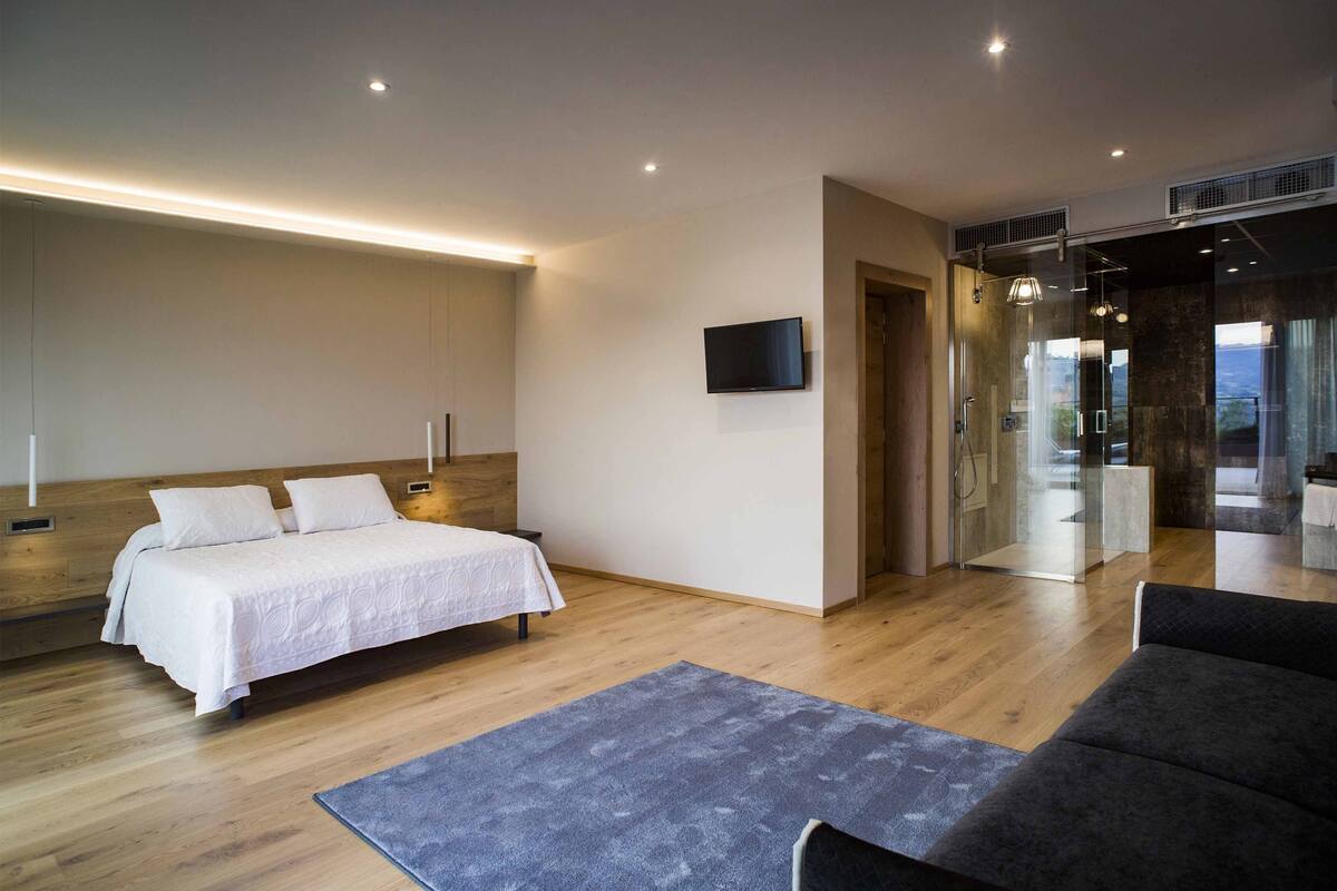 A modern bedroom with a bed, a TV, and a view of the outdoors.