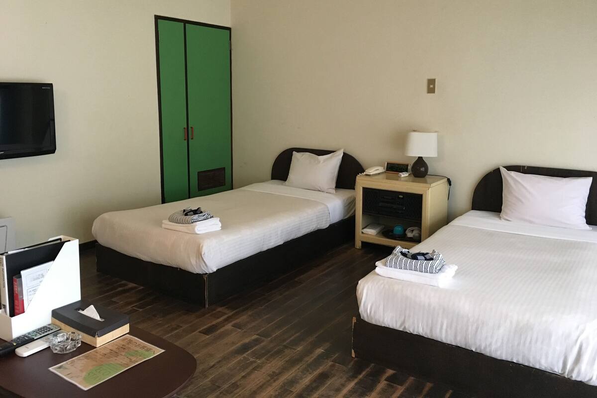 A hotel room with two single beds, a green wardrobe, a bedside table with a lamp, and a TV mounted on the wall.