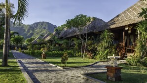 Un sendero conduce a un resort con cabañas de techo de paja, rodeado de exuberante vegetación y palmeras.