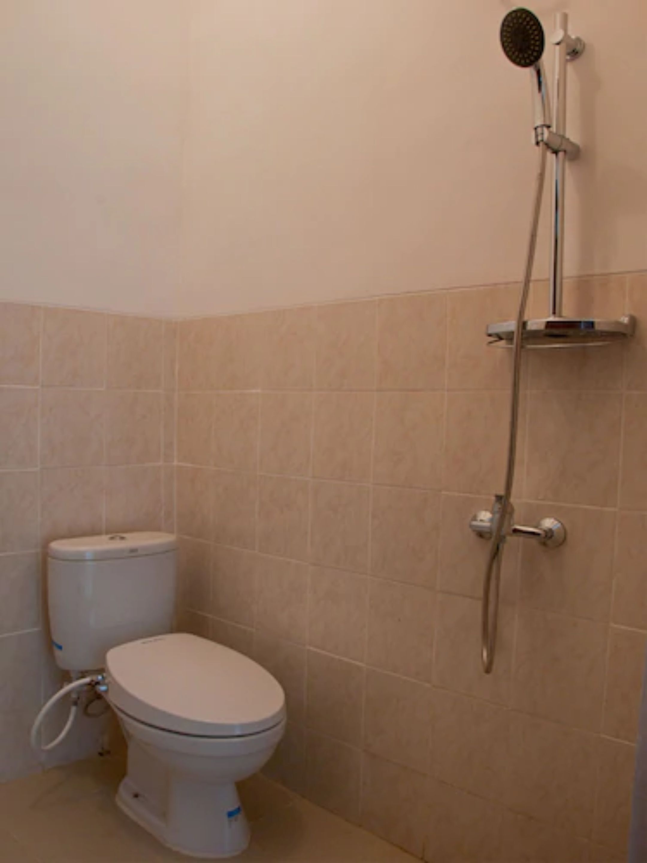 Un bagno con il water, una doccia e uno scaffale a parete.