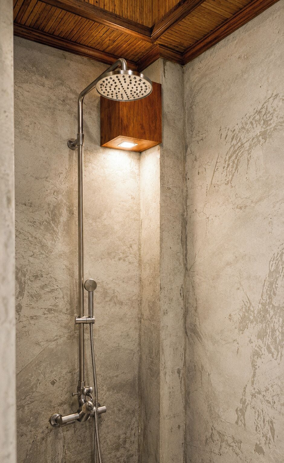 Une douche équipée d’un pommeau de douche à main et d’un panneau de commande fixé au mur.