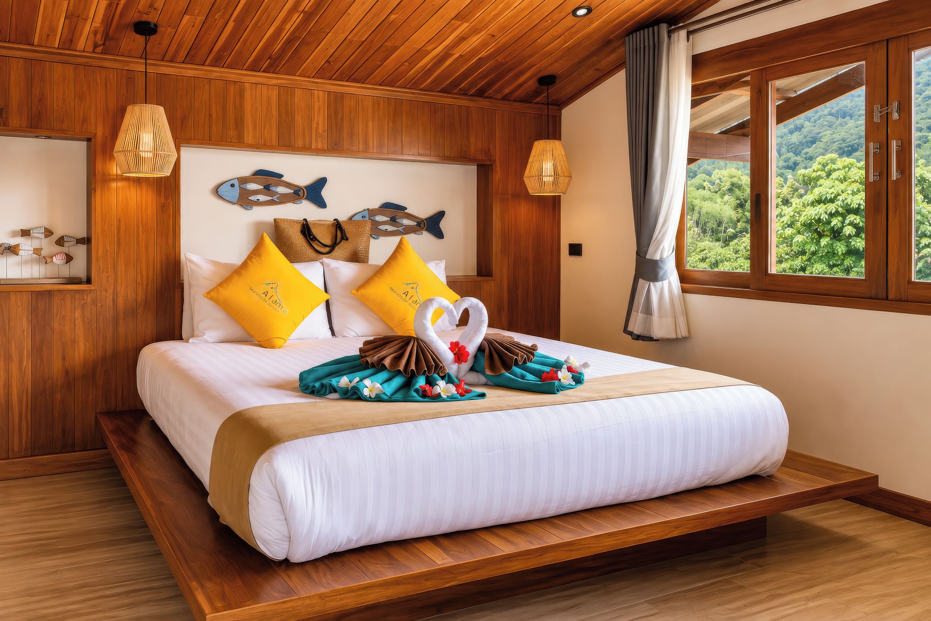 A hotel room with a wooden ceiling, a bed with white bedding, yellow pillows, and a view of a forest through a window.