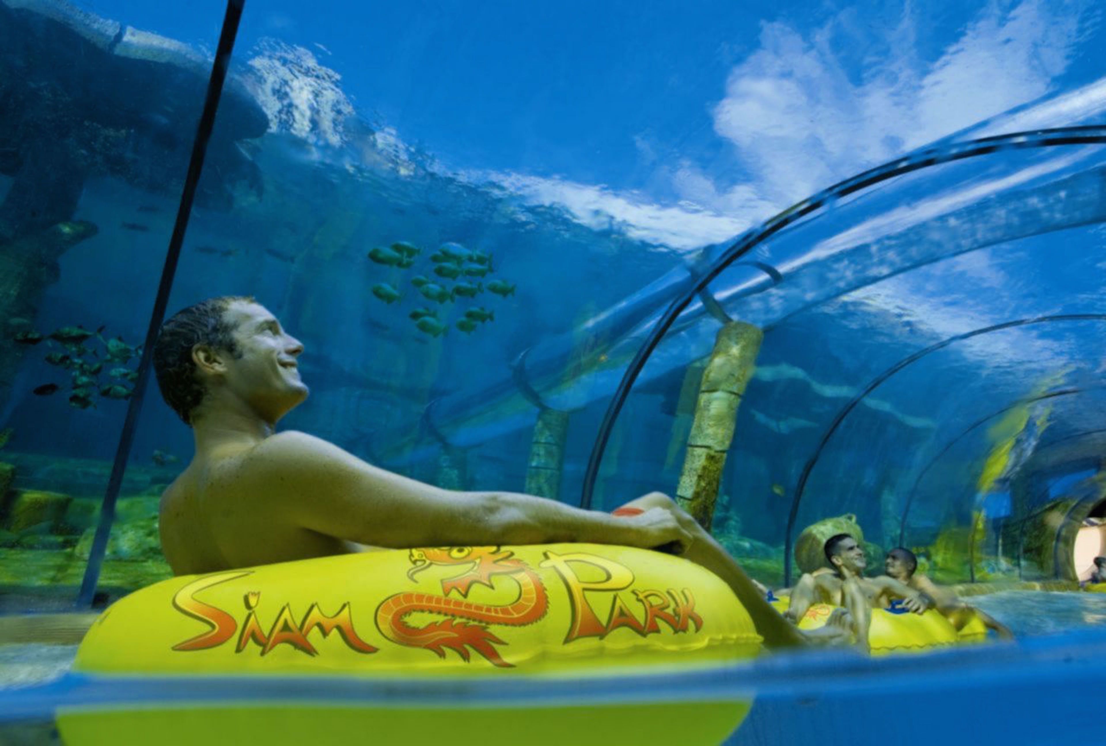 An underwater aquarium with clear glass walls, allowing views of marine life.