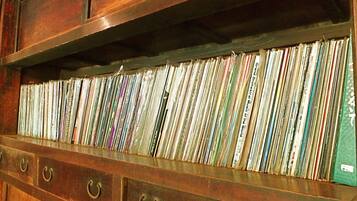 A wooden shelf with multiple rows of CDs/DVDs.
