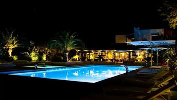 Outdoor pool, pool umbrellas, pool loungers