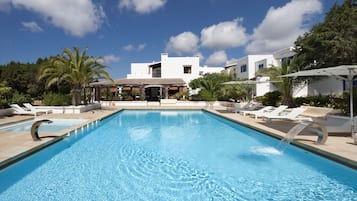 Outdoor pool, pool umbrellas, pool loungers