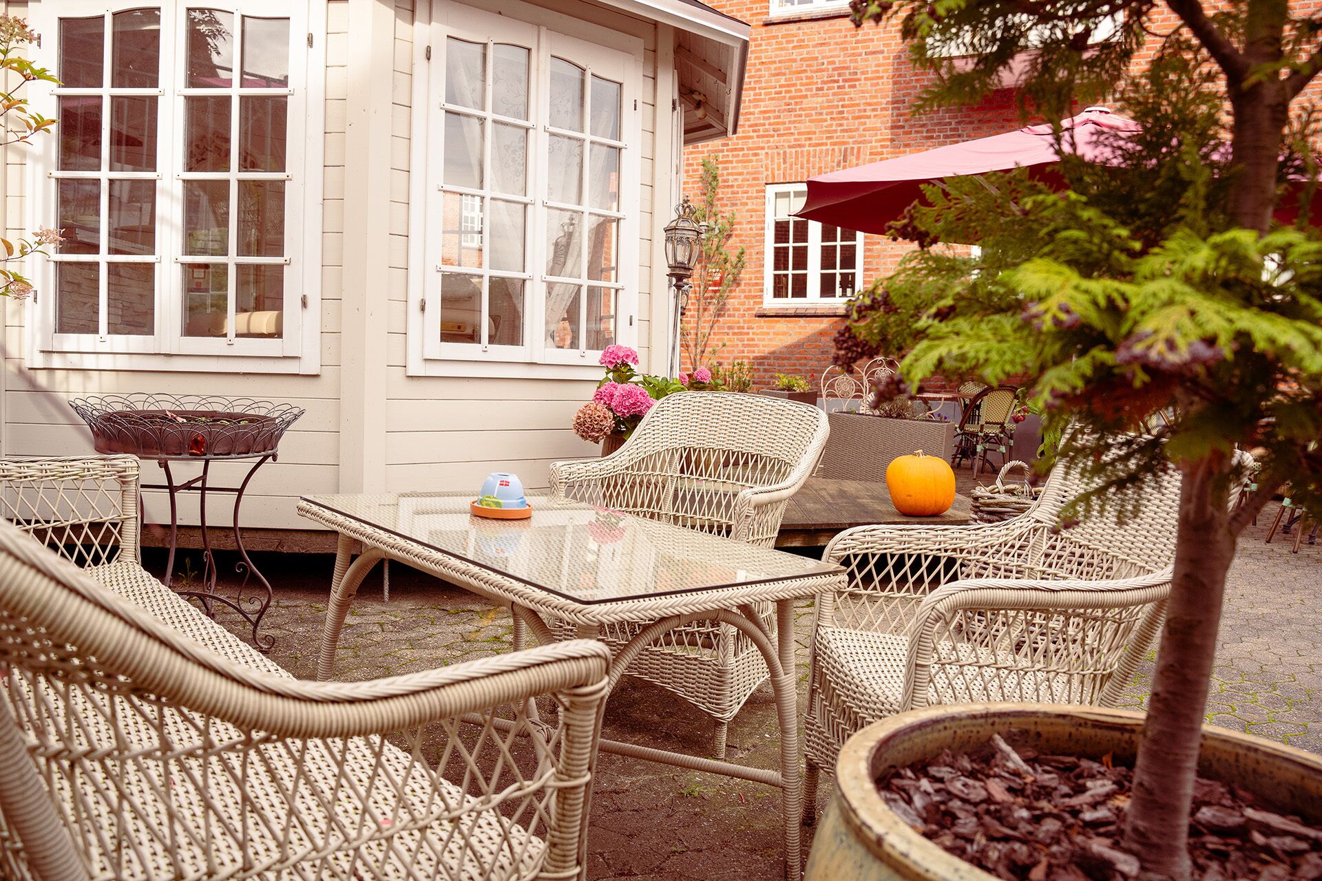 A patio with wicker furniture, a table, and a potted plant.