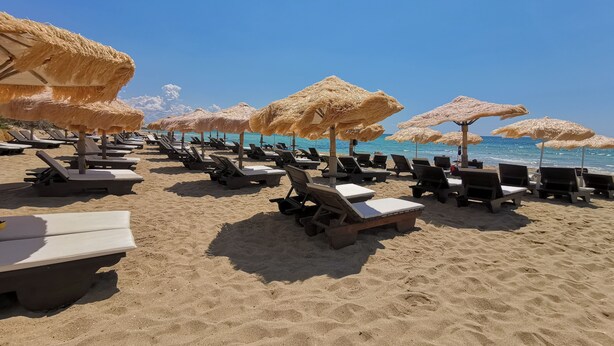A beach with rows of sun loungers and thatched umbrellas. - Samanà Bed (Porto Cesareo)